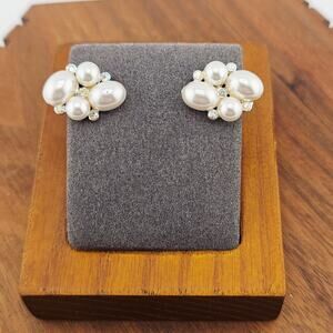 Faux Pearl Rhinestone Cluster Clamp On Earrings Ivory Cream Romantic Bridgerton